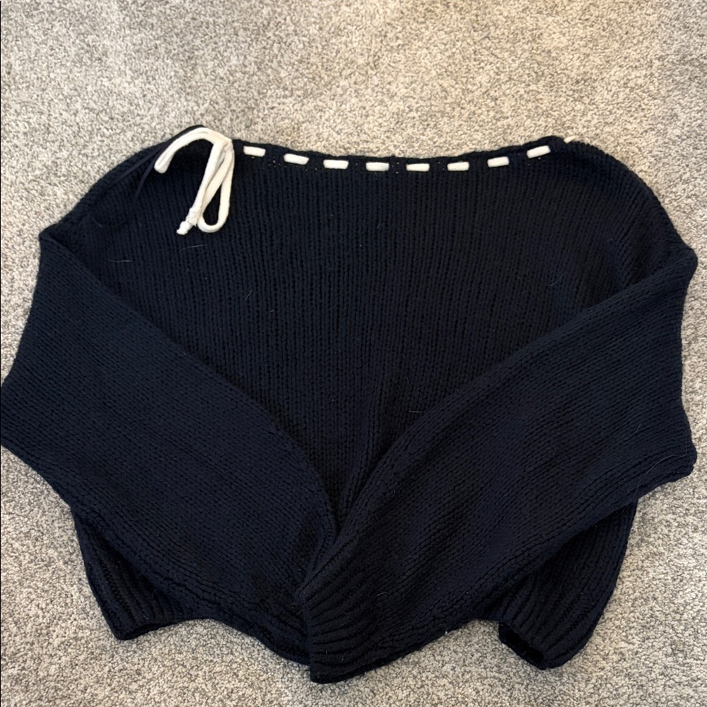 Hollister Black Off-Shoulder Knit Sweater with White Tie